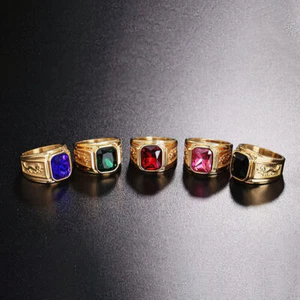 Ring Stainless Steel Wedding Jewelry Gold Plated for Men Women Red Stone Band - Picture 1 of 21
