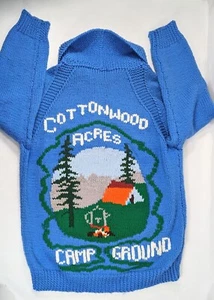 Vintage MCM Wollpullover blau Cowichan-Stil Cottonwood Acres CAMPGROUND Lowell 3x - Bild 1 von 16