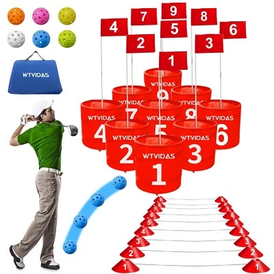 WESTTUNE Bucket Golf Yard Game for Family，Portable 9 Hole Golf Course with Golf Clubs