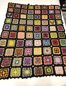 Granny Square Crochet Afghan Sofa Throw Blanket 46"x38" Grannycore VTG 70s - Picture 1 of 3