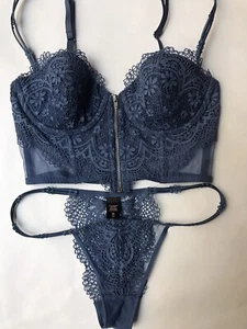 Victorias Secret Very Sexy Hot Catch Long Line Bra (32-D)Panty Set (S) Blue NWT - Picture 1 of 7