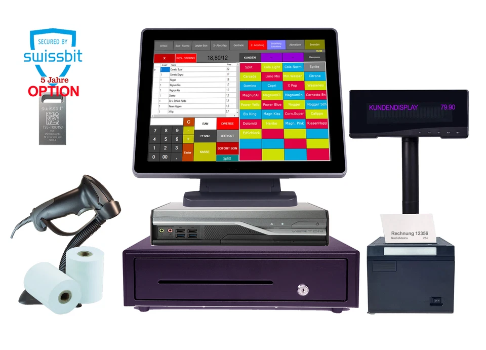 BLITZKASSE 2026 TSE Schnell-Kasse für Handel Kiosk Laden Soft Drucker Scanner Geldlade