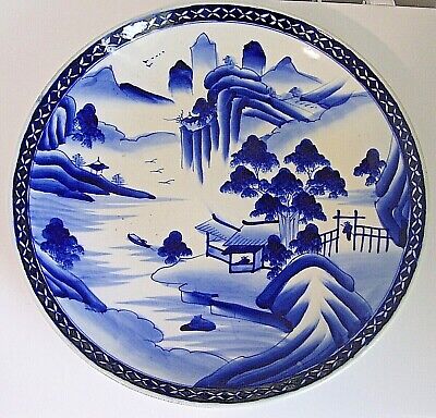 Antique Japanese Arita Large Blue & White Large 18  Ceramic Charger Meiji Period • 159$
