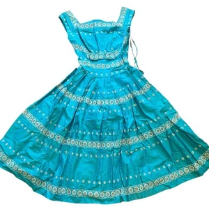 Vintage 50s Embroidered Blue White Fit & Flare Plated Dress Small Handmade - Picture 1 of 12