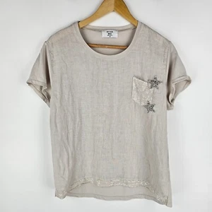 Bottega Moda T Shirt Womens 12 Beige Linen Front Sequin Pocket Star Embellished - Picture 1 of 8