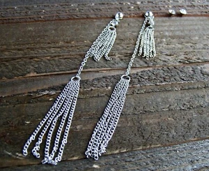 4+" Long SilverTone Earrings Dangle Tassel Chain Rhinestones Set Fashion Jewelry - Picture 1 of 4