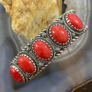 Carolyn Pollack Vintage Southwestern Style Sterling Silver Coral Row Bracelet - Picture 1 of 10