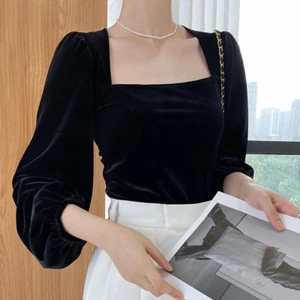Ladies Retro Velvet Top French Style Shirt Puff Sleeve Blouse Trendy Black Slim - Picture 1 of 10