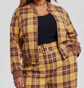 Nina Parker Women Yellow Lined Brown Plaid Bomber Jacket Plus Size 2X - Picture 1 of 4