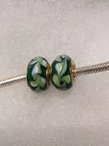 Set of 2 NEW Pandora Green w/Lt Green Swirls Murano Glass Beads (GOLDEN CORE) - Picture 1 of 2