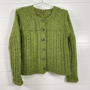Carraig Donn Pullover Damen Medium grün Aran Zopfmuster Wolle Cardigan Made Ireland - Bild 1 von 11