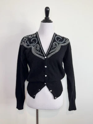 Cardigã Marisa Christina lã de cordeiro angorá suéter com miçangas vintage anos 90 feminino pequeno - Imagem 1 de 4