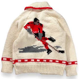 Rare Vintage Cowichan Hockey Knit Sweater Zip-Up Hand-Knit Wool Jacket Cream - Picture 1 of 9