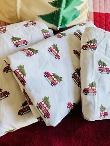POTTERY BARN ~ Organic Cotton QUEEN Sheets WOODY CAR Christmas Tree Pre-Owned