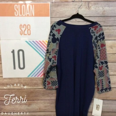 LuLaRoe Disney Sloan Raglan Tee Mickey Mouse Size 10 Navy w/ Red, Peach, Yellow - Image 1 of 4