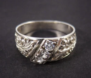Anillo de banda floral de tres piedras brillantes plata 925, adorno ancho tallado anillo circular - Imagen 1 de 8