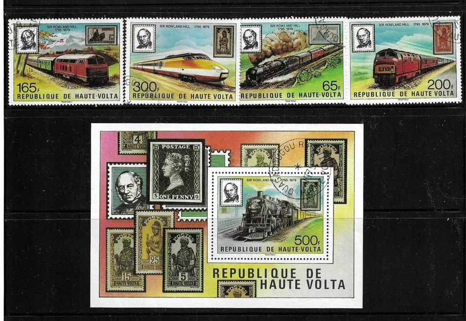 Burkina Faso SC # 501-505 Sir Rowland Hill , Stamps and trains  . CTO - Image 1 of 1