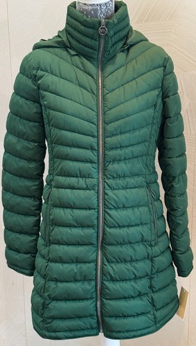 Nuovo cappotto trapuntato Michael Kors donna verde giada confezionabile giacca cappuccio staccabile M