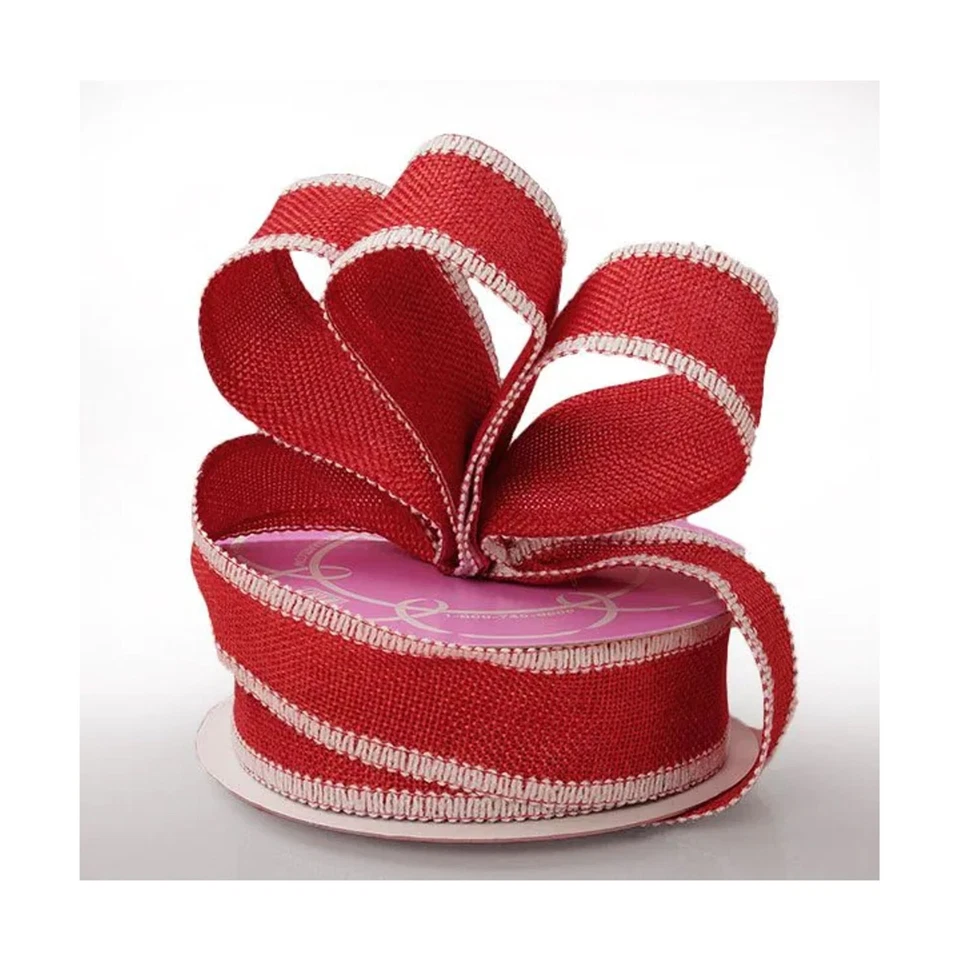Red and White Side Stitch Burlap Ribbon - 1 1/2in. x 10 Yds (pm56125730) - Image 1 of 1