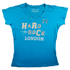 Hard Rock Cafe London T Shirt Size L Blue Womens Cotton Graphic Tee