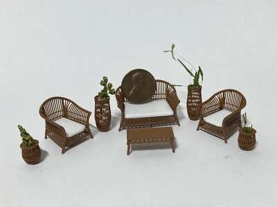 MAKI'S MINI'S 8 Piece Wicker Look Patio Set 1:48 1/4 Scale Warm Caramel Printed
