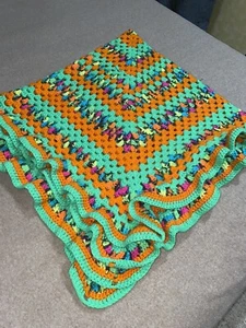 Pretty Hand Crochet Afghan Blanket 55”x50” BRIGHT Lime Blue Orange Frilly Edges - Picture 1 of 10