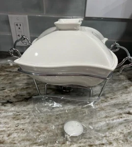 Godinger Silver Art White Wave Style Ceramic Baking Dish w/Wire Chafing Rack - Picture 1 of 7
