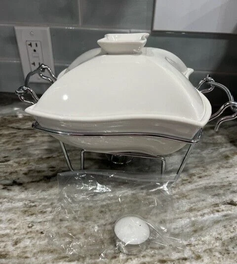 Godinger Silver Art White Wave Style Ceramic Baking Dish w/Wire Chafing Rack - Image 1 of 4