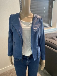 Alfani Petite Faux-Leath Blue Cropped Jacket Size PP *** - Picture 1 of 9