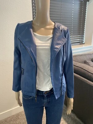 Alfani Petite Faux-Leath Blue Cropped Jacket Size PP *** - Image 1 of 4
