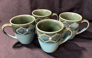 Pier 1 Prussia Green and Blue Hand Painted Stoneware Coffee Mugs Set 4 Retired - Picture 1 of 5