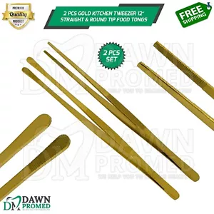 2 Pcs Gold Kitchen Tweezers 12″ Straight & Round Chef Long Food Tongs German Gr - Picture 1 of 10
