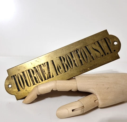 Antique french brass sign hotel shop store tower building Please turn the knob Cover
