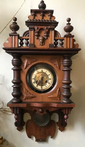 Antique Eastlake Black Forest Figural Time Strike Wall Clock Mahogany Walnut 36" Cover