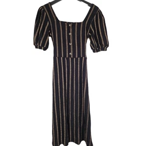 Black Summer Dress Size 10 Brown Stripe Short Sleeve Waist Tie Knee Length F&F - Picture 1 of 15