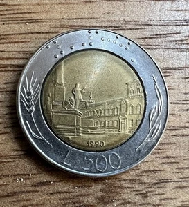 Bimetallic Italian 500 Lire Coin - Italy 500 Lire 1990 Europe Coin Pre Euro - Picture 1 of 4