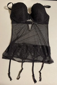 Victoria’s Secret Garter Teddy Negligee Sheer Black 36D Padded Bra - Picture 1 of 7
