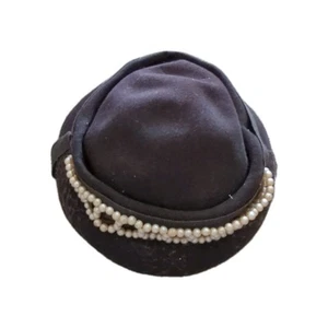 Vintage Original 40s Brown Glenover Henry Pollak Wool Womens Hat Lace Pearls - Picture 1 of 4