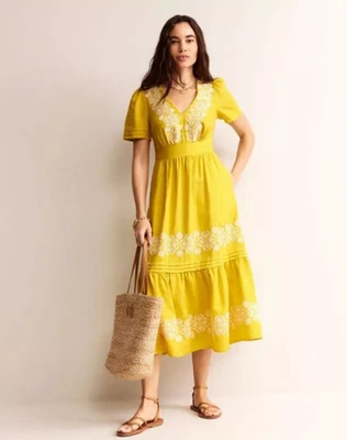 Vestido Boden Midi de Lino Amarillo Dorado Bordado Talla 16-18R Foto 1 de 4