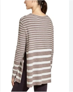Athleta Kennewick Side Slit Tan White Striped Merino Wool Blend Sweater Sz L - Picture 1 of 11