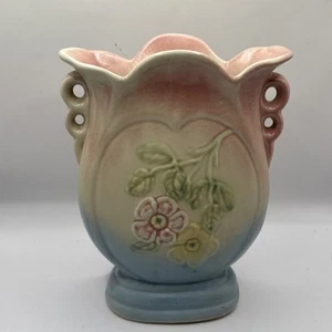 Hull Pottery Double Handle Vase Dogwood #504 8 1/2 Pink Blue - Picture 1 of 4