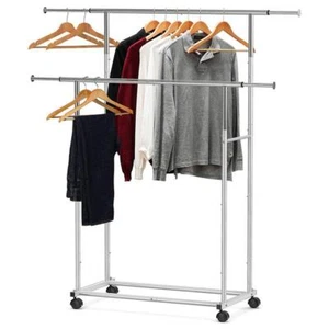 Metal Garment Clothes Rack Double Rods Heavy Duty Steel 30.5"W x 58.75"H Silver - Picture 1 of 3