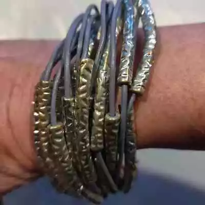 CHICOS Multi-Strand Bracelet Hammered Silver and Gray Faux Leather Boho - Image 1 of 4