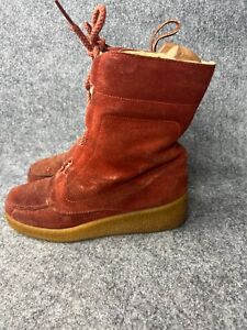 Vintage 70s Quoddy Sherpa Lined Suede Winter Boots Women's 6 Wedge Lace Up