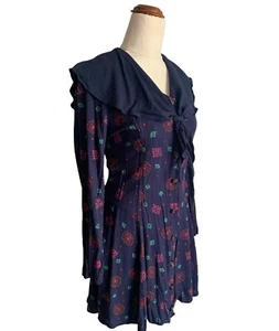 Vintage Unique Long Sleeve Mini Dress Size 10 Navy Blue Brand C.H.U VGC  - Picture 1 of 10