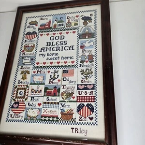 Vintage fertiger Kreuzstich gerahmt hinter Glas Gott segne Amerika patriotisches ABC - Bild 1 von 11