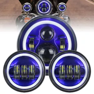 Motorcycle 7'' Blue LED Headlight 4.5" Fog Passing Lights Halo For Street Glide - Foto 1 di 12