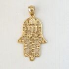 14K Yellow Gold Hamsa Hand with Chai Pendant / Charm, Made in USA 