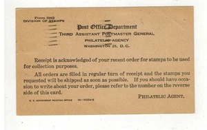 1945 USPOD STAMP ANNOUNCEMENT CARD 3rd ASST PMG NOTICE OF RECEIPT OF ORDER - Picture 1 of 2