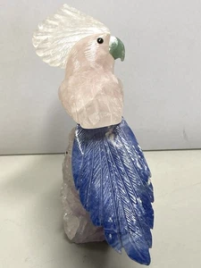 Cockatoo Bird Gem Stone Hand Carved Rose Quartz Amethyst Base VTG Blue Green - Picture 1 of 13